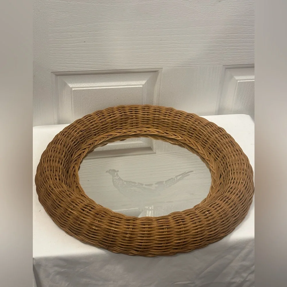 Round Wicker Wall Mirror with Bird Design
